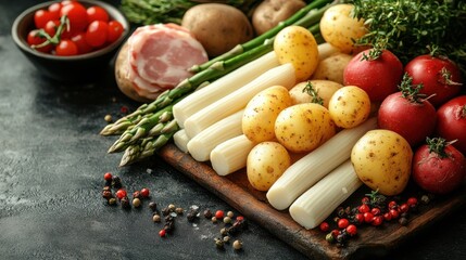 Poster - A Rustic Tabletop Still Life Featuring Fresh Asparagus, Potatoes, White Mozzarella Sticks, Red Radishes, Cherry Tomatoes, and Black Peppercorns