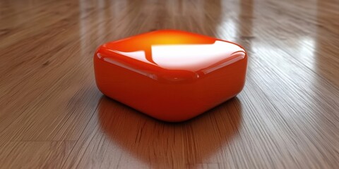 Poster - A Smooth, Glossy Orange Cube Resting on a Wooden Floor,  Reflecting Light with a Subtle Glow