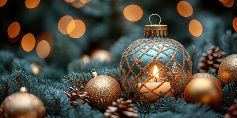 Aufkleber - A teal and gold Christmas ornament with a flickering candle inside sits on a bed of evergreen branches, surrounded by other sparkling ornaments and pine cones