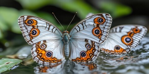 A delicate white butterfly with orange and blue markings rests its wings upon the calm surface of a reflective pool