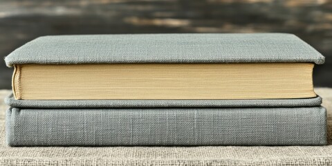 Aufkleber - Two books stacked atop each other on a textured fabric surface, revealing a glimpse of a rustic wood background