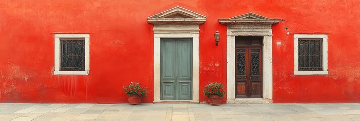 Poster - A vibrant red wall with contrasting white window and door frames, adorned with ornate ironwork and a single light fixture casting a warm glow