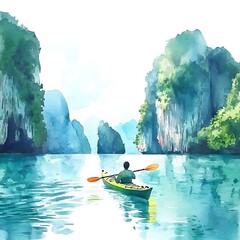 Wall Mural - Kayaking through a watercolor landscape.