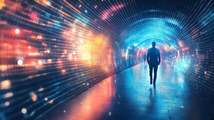 Poster - A man walks through a tunnel of light and data.