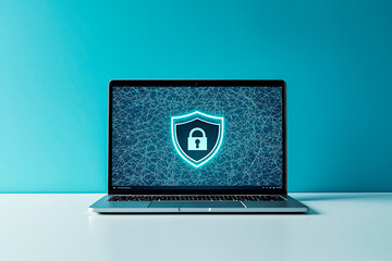 Wall Mural - Laptop screen displaying a lock icon on a shield symbol representing cybersecurity on a blue background.