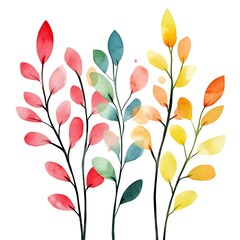 Poster - Watercolor illustration of colorful leaves on white background.