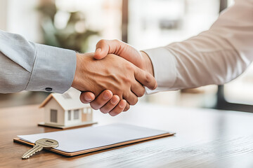 Aufkleber - Close-Up Handshake with House Model and Key on Table, Signifying Real Estate Deal Completion.