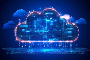 Abstract digital cloud computing concept on a dark blue background.