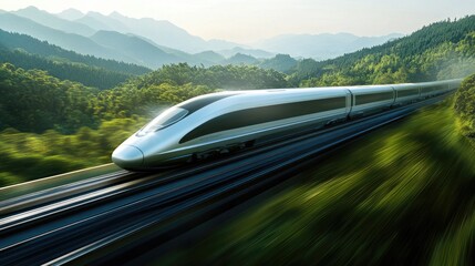 Poster - A sleek high-speed train speeding through a lush green landscape, with a blurred background emphasizing its rapid movement, symbolizing modern transportation.