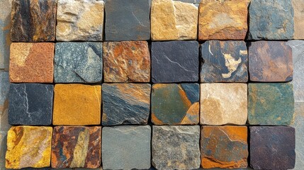 Fototapete - A textured mosaic of stone tiles featuring varying hues of browns, oranges, blacks, and grays, showcasing the natural beauty of earth tones