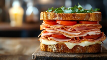 Poster - A toasted ham and cheese sandwich with tomato and lettuce on a wood surface.