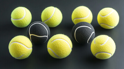 Wall Mural - Tennis balls in bright yellow and black contrast against a dark surface