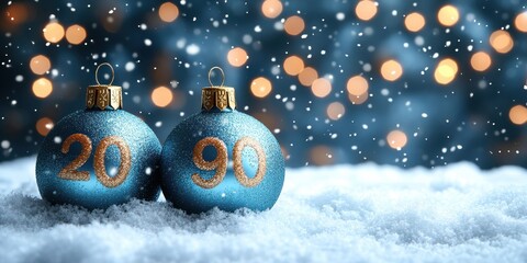 Aufkleber - Festive Blue Ornaments With Gold Number Decorations Resting On A Snowy Surface With A Background Of Blurred Bokeh Lights