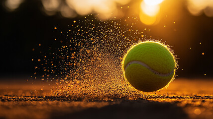 Wall Mural - A tennis ball bounces on a court as the sun sets, creating a splash of dust in the golden light