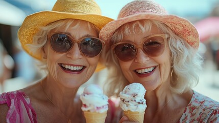 portrait of two senior female friends in the city eating ice cream on a hot summer day