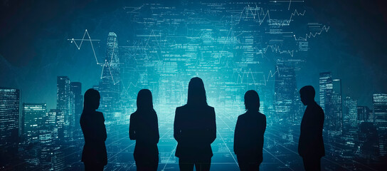Poster - Silhouetted professionals analyzing a futuristic digital cityscape with data overlays.