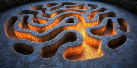 Fototapete - A Stone Maze Illuminated By Warm Light, Casting Shadows And Creating Intricate Patterns
