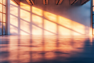 Aufkleber - Sunlit empty room with large windows casting light reflections on the floor in a modern style.