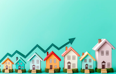 Poster - Colorful miniature houses with an upward trending arrow on a turquoise background, symbolizing real estate growth and market trends.