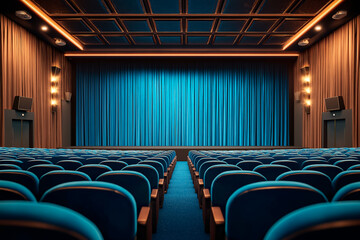 Poster - Empty theater hall with blue seats and closed stage curtain.