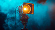 © Who is Danny - Spotlight on a tripod with a glowing light in a foggy studio with blue lighting background. Ai generative.