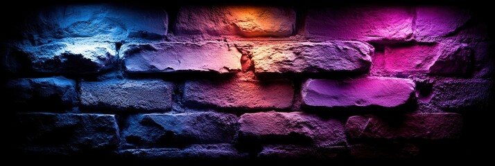 Poster - Brick wall illuminated with vibrant hues of blue, orange, and purple, creating a dynamic and abstract display of color and texture.