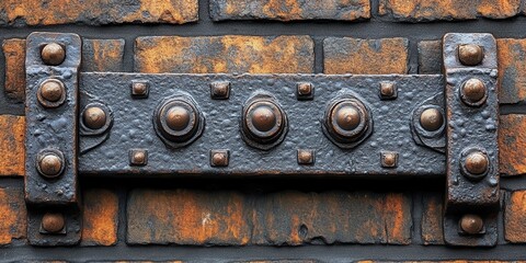 Poster - A Rusty Metal Plate with Ornate Circular Accents on a Brick Wall