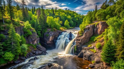 Wall Mural - Devil's Kettle Waterfall, framed by vibrant greenery in Minnesota’s lush forest, offers a spectacular natural vista