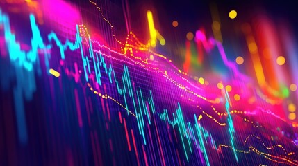Poster - A vibrant digital stock graph with bright colors representing different market sectors, showcasing the diversity and dynamism of the financial market.
