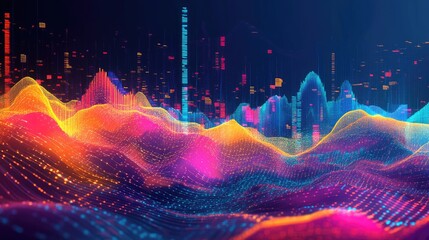 Poster - A vibrant digital stock graph with bright colors representing different market sectors, showcasing the diversity and dynamism of the financial market.