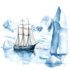 Poster - Watercolor Painting of a Ship Sailing Through an Arctic Landscape.