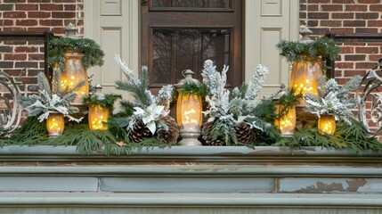 Poster - Glowing lanterns and pine cones on the front porch