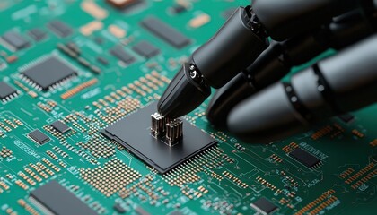 a robotic hand delicately manipulates a microchip on a green circuit board, showcasing advanced tech