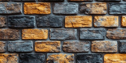 Poster - A textured wall with a staggered pattern of yellow and gray bricks, creating a captivating visual contrast.