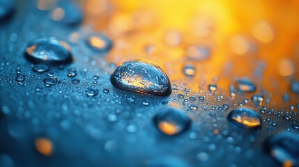 Poster - A single water droplet reflects the warm hues of a setting sun, surrounded by a scattering of other droplets on a cool, blue surface