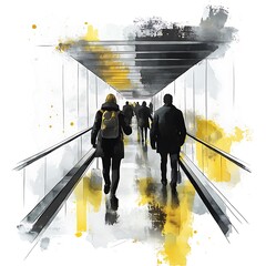 Sticker - Watercolor Illustration of People Walking on a Moving Walkway.