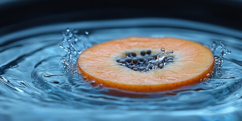 Aufkleber - A single slice of ripe orange fruit with black seeds sinks into a pool of clear water, creating a rippling effect and a cascade of droplets