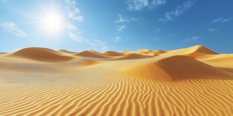 A vast expanse of golden sand dunes stretches out under a bright blue sky, the sun casting a warm glow across the rippling surface