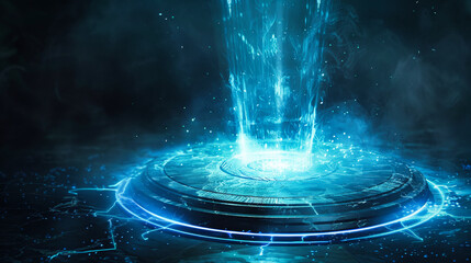 Poster - Digital artwork featuring a futuristic, blue circular platform emanating particles