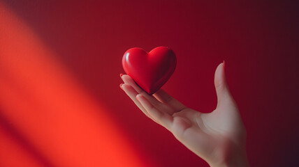 A hand delicately holds a shiny red heart against a vibrant red background during soft lighting