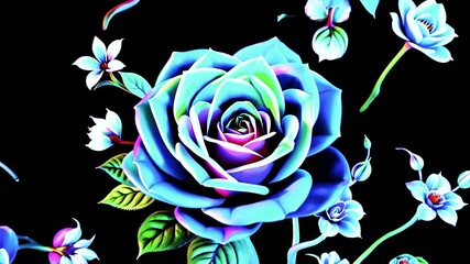 Poster - Animated glowing roses and flowers in a neon style against a black background.