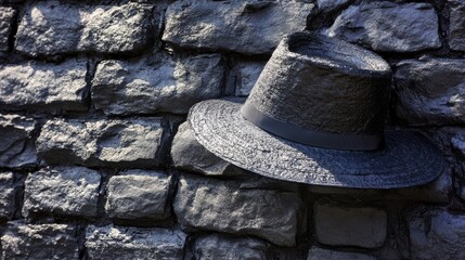 Fototapete - A black hat resting on a dark stone wall, its rough texture echoing the stone's rugged surface.