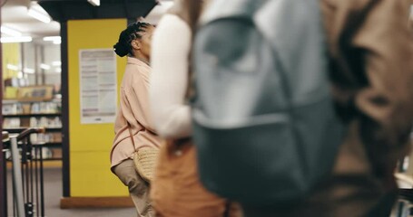 Canvas Print - Walking, textbooks and woman in library at university for studying with admission test for scholarship. Education, knowledge and female student with college material for learning with exam or project