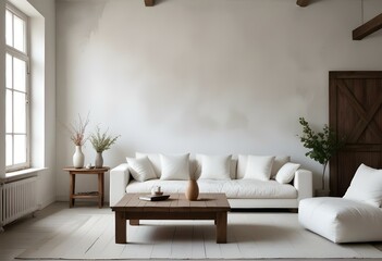 Wall Mural - Modern Minimalist Living Room with Cozy Furniture and Soft Lighting with sofa and mockup.