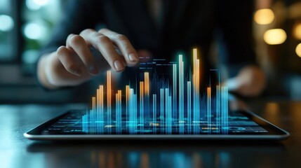 Poster - An interactive 3D bar chart on a financial analyst tablet, showing real-time stock market data, with bars growing to represent profit increases.