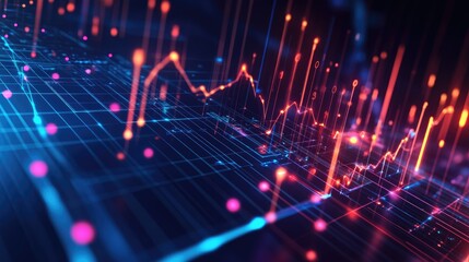Poster - An interactive 3D line graph illustrating sales growth over the years, with glowing data points and grid lines that enhance the visualization.