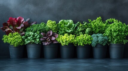 Wall Mural - Fresh green vegetables in pots against a dark background.