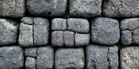 Poster - A close-up view of a stone wall, displaying a seamless pattern of grey, irregular stones that have been carefully fitted together