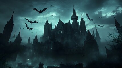 A spooky castle with jagged spires bats swooping low witches in pointed hats flying past and ghostly figures haunting the courtyard