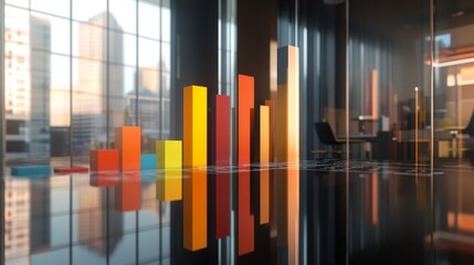 Poster - A 3D bar graph showcasing business profits, with bold, stacked bars representing various revenue streams, set on a reflective surface in a modern office setting